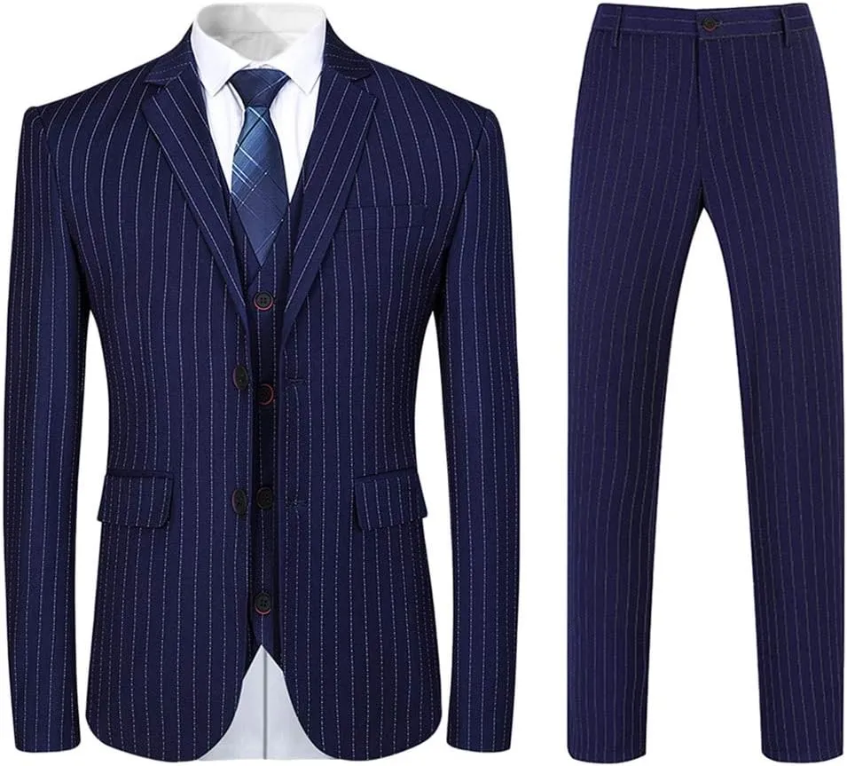Mens 3 Piece Suit Formal Pinstripe Slim Fit Notched Lapel Dress Blazer Vest Trousers Set