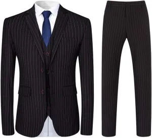 Mens 3 Piece Suit Formal Pinstripe Slim Fit Notched Lapel Dress Blazer Vest Trousers Set