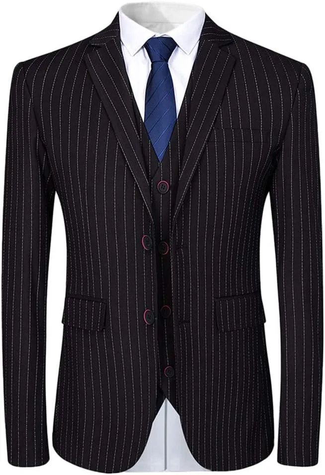 Mens 3 Piece Suit Formal Pinstripe Slim Fit Notched Lapel Dress Blazer Vest Trousers Set