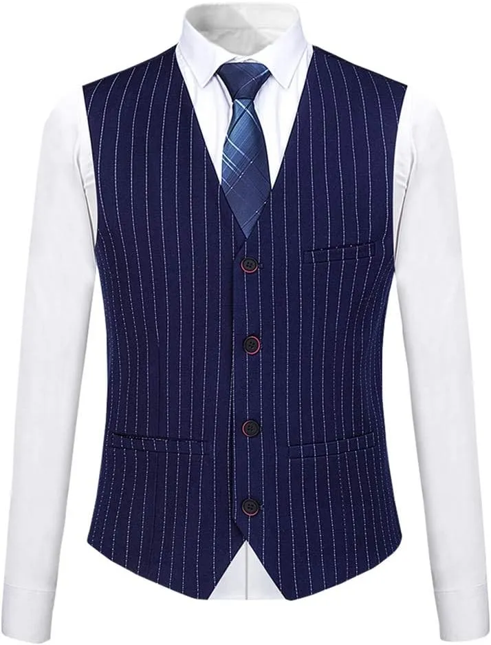 Mens 3 Piece Suit Formal Pinstripe Slim Fit Notched Lapel Dress Blazer Vest Trousers Set
