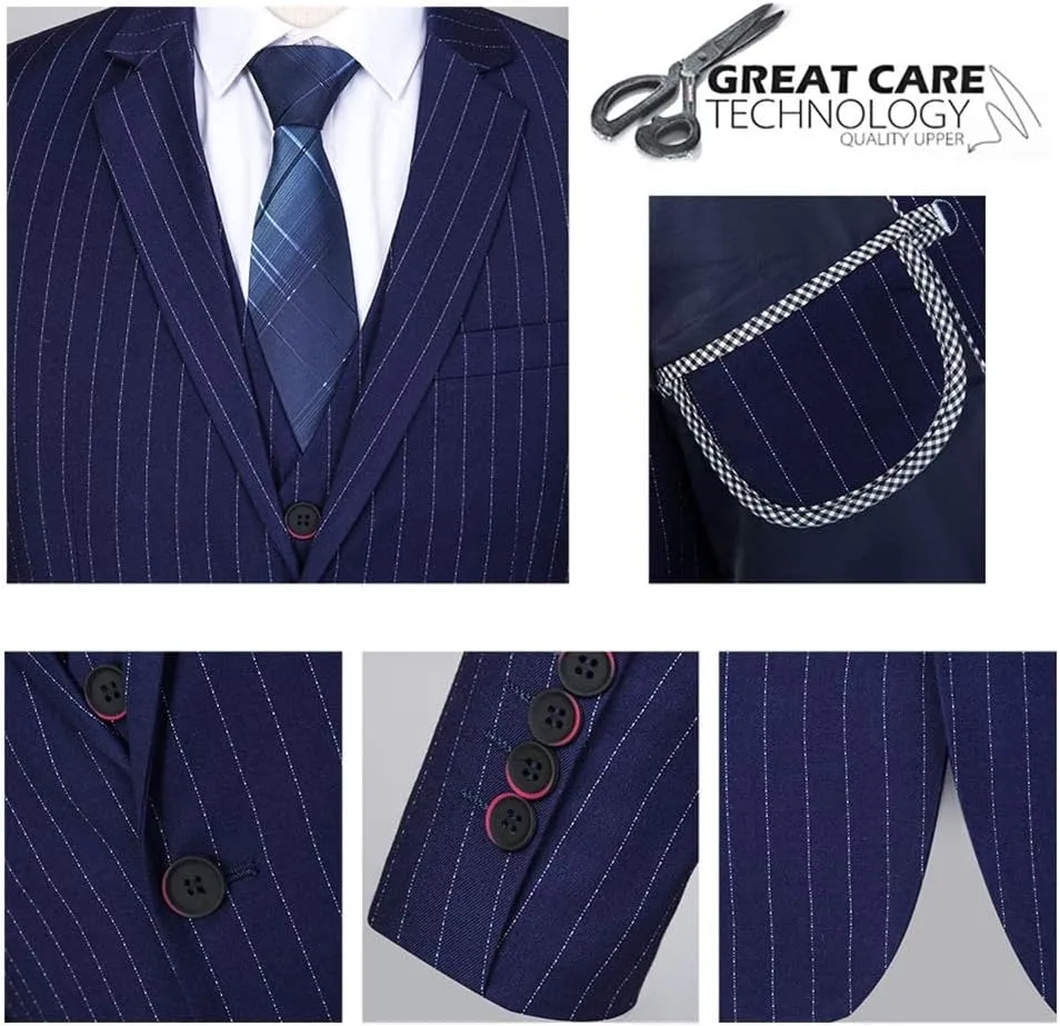 Mens 3 Piece Suit Formal Pinstripe Slim Fit Notched Lapel Dress Blazer Vest Trousers Set