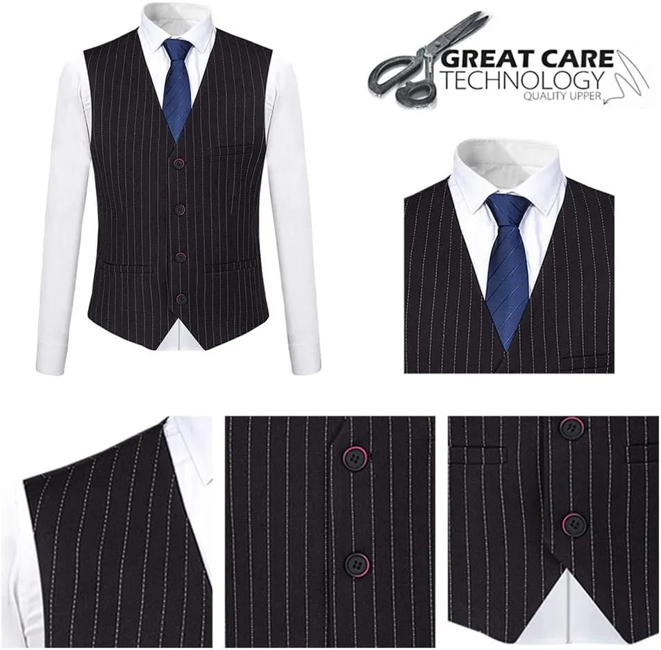Mens 3 Piece Suit Formal Pinstripe Slim Fit Notched Lapel Dress Blazer Vest Trousers Set