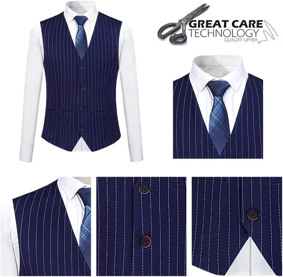 Mens 3 Piece Suit Formal Pinstripe Slim Fit Notched Lapel Dress Blazer Vest Trousers Set