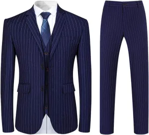 Mens 3 Piece Suit Formal Pinstripe Slim Fit Notched Lapel Dress Blazer Vest Trousers Set