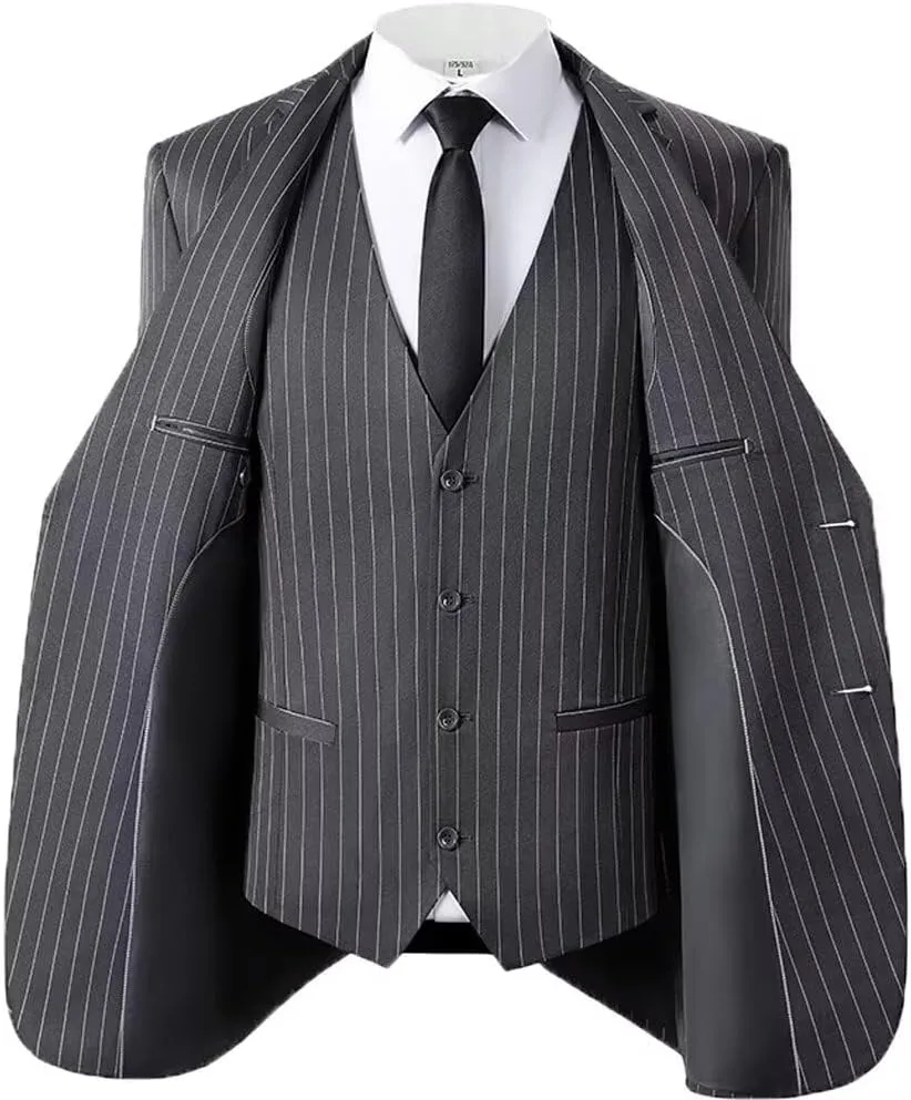 Men's 3 Pieces Pinstripe Suits Slim Fit Stripe Tuxedo Sets for Men Business Formal Wedding Blazer Jacket Vest Pants Sets
