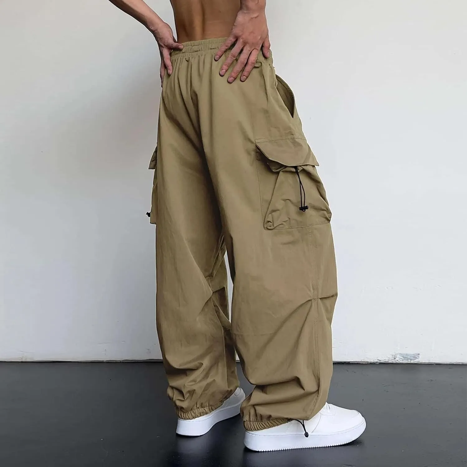 Mens Cargo Casual Pants Drawstring Loose Fit Athletic Jogger Sports Elastic Waist Outdoor Trousers Parachute Pant