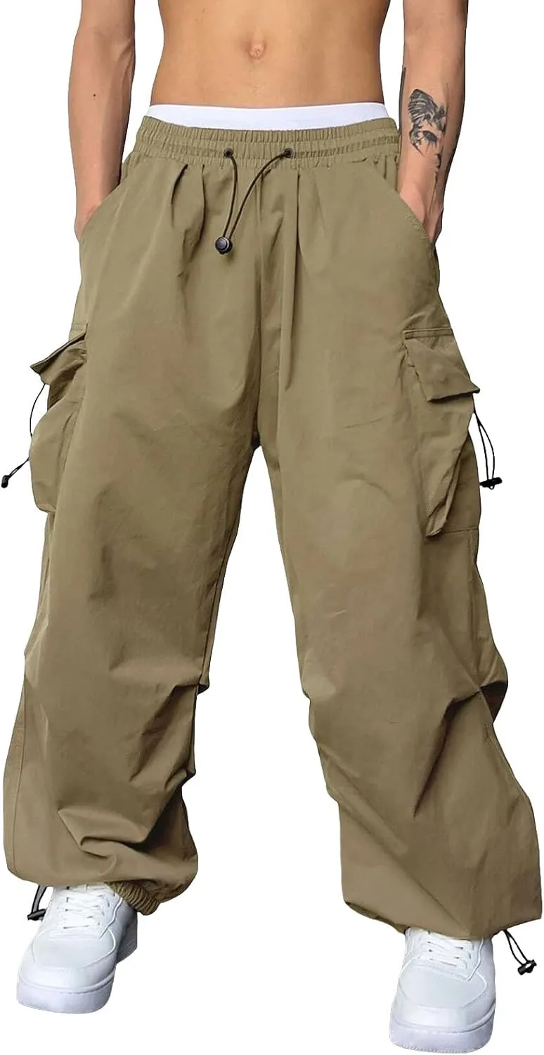 Mens Cargo Casual Pants Drawstring Loose Fit Athletic Jogger Sports Elastic Waist Outdoor Trousers Parachute Pant