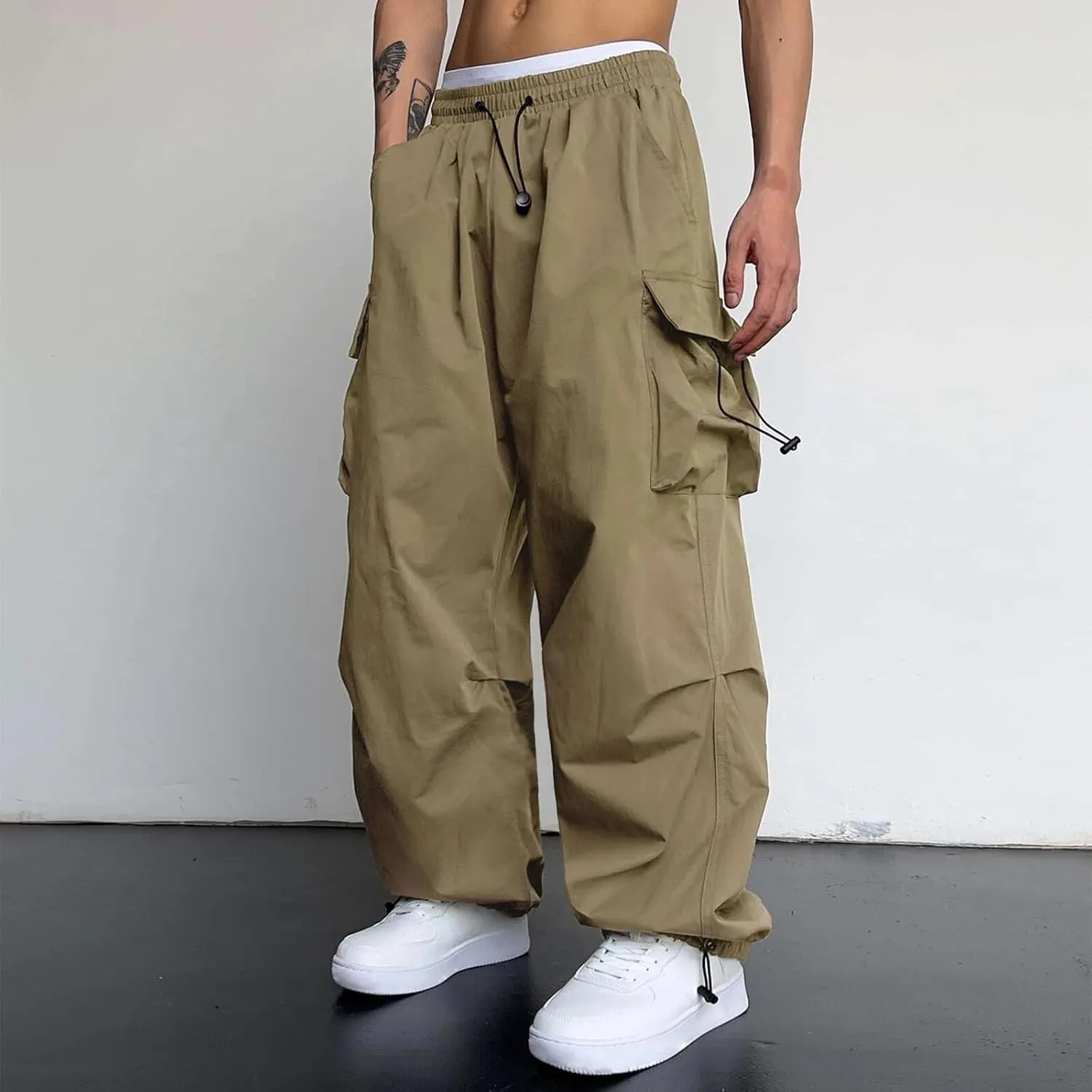 Mens Cargo Casual Pants Drawstring Loose Fit Athletic Jogger Sports Elastic Waist Outdoor Trousers Parachute Pant