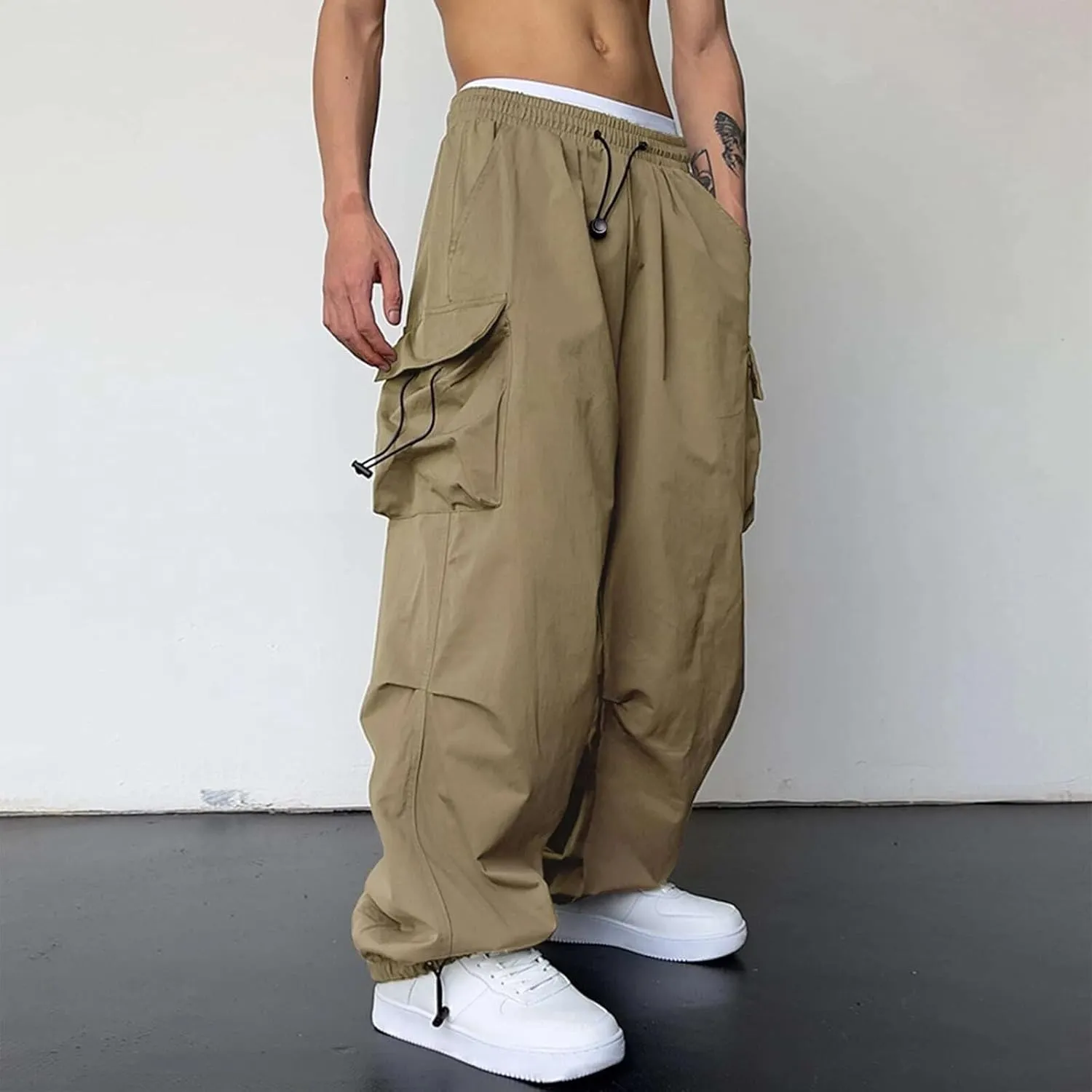 Mens Cargo Casual Pants Drawstring Loose Fit Athletic Jogger Sports Elastic Waist Outdoor Trousers Parachute Pant