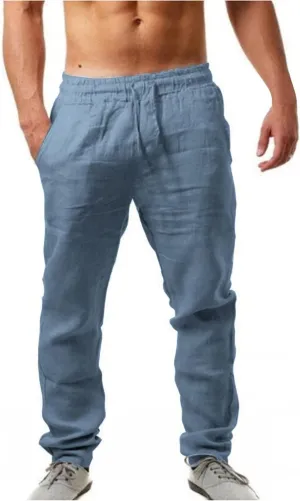 Mens Cotton Linen Pants Lightweight Drawstring Elastic Waist Trouser Wide Leg Joggers Hiking Sweatpants Yoga Pants