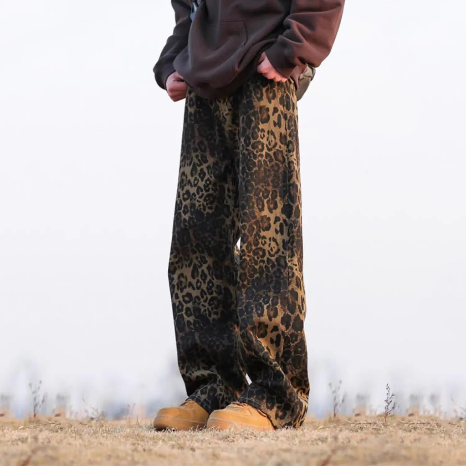 Mens Leopard Print Jeans Womens High Waist Denim Pants Y2K Baggy Casual Streetwear Trousers Unisex