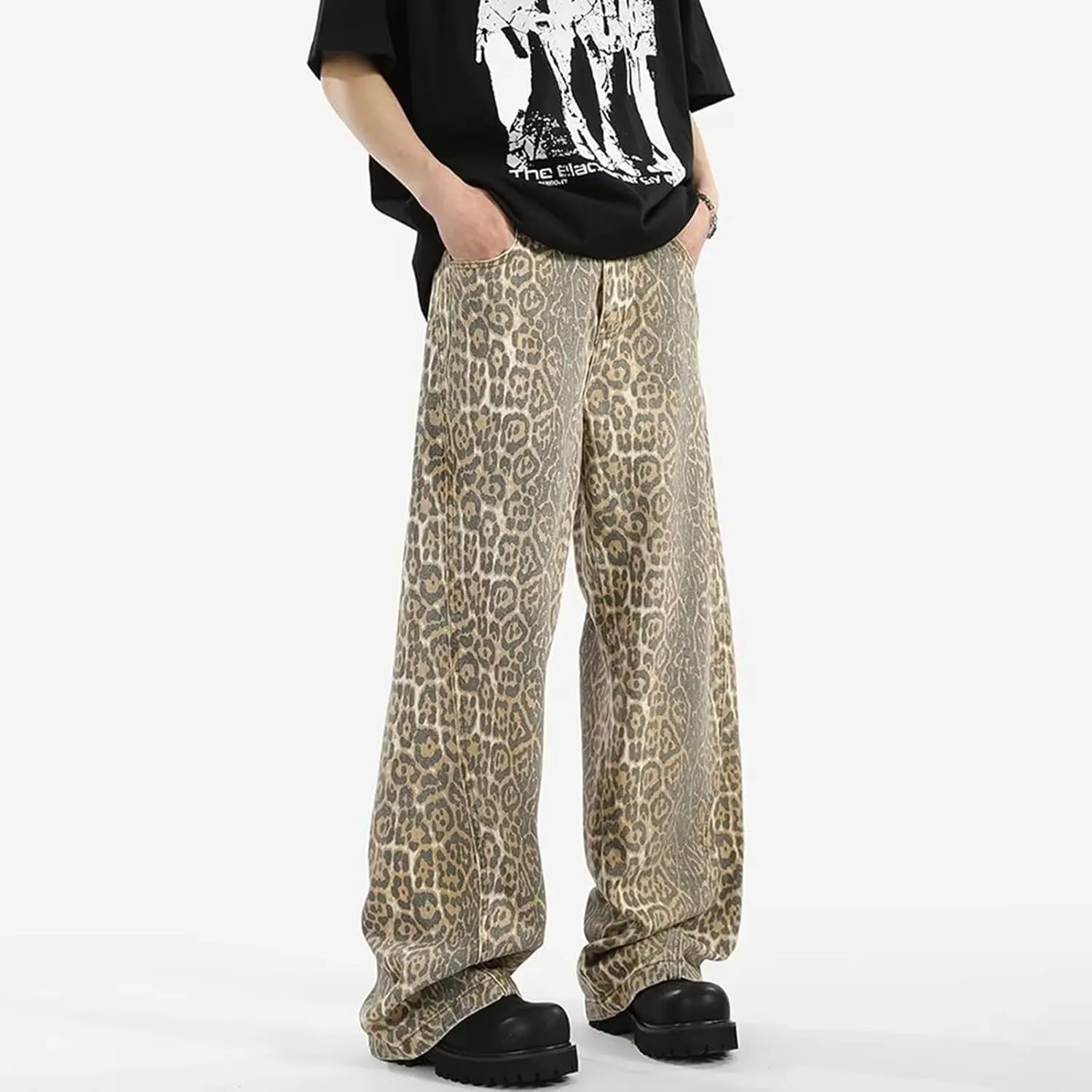 Mens Leopard Print Jeans Womens High Waist Denim Pants Y2K Baggy Casual Streetwear Trousers Unisex
