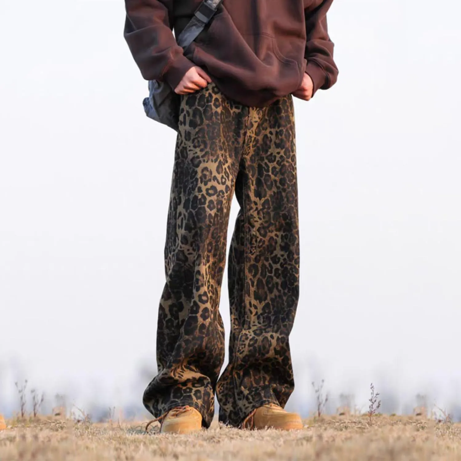 Mens Leopard Print Jeans Womens High Waist Denim Pants Y2K Baggy Casual Streetwear Trousers Unisex