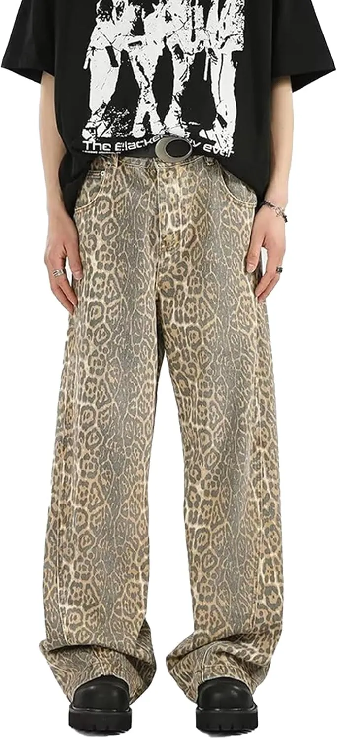 Mens Leopard Print Jeans Womens High Waist Denim Pants Y2K Baggy Casual Streetwear Trousers Unisex