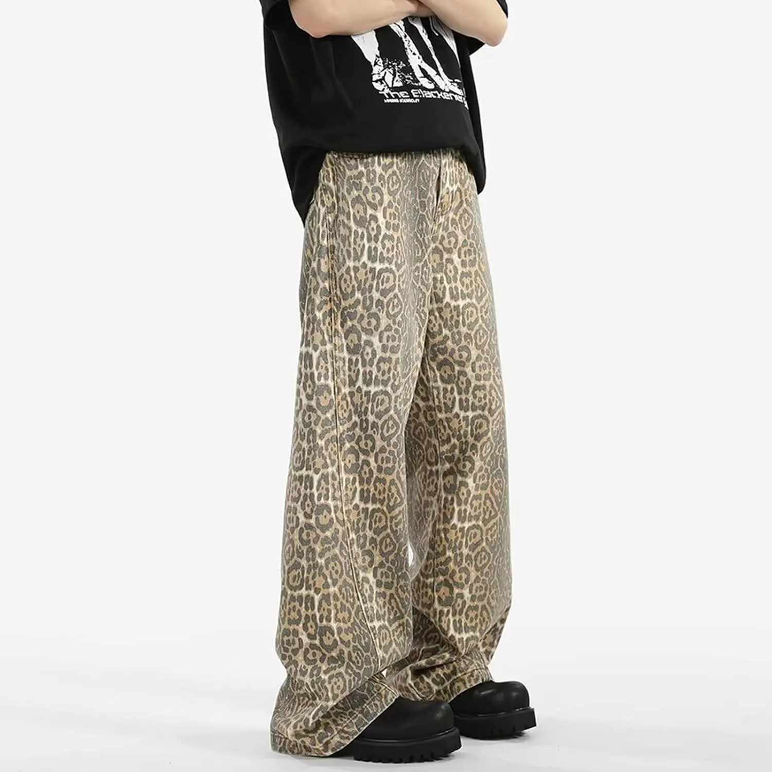 Mens Leopard Print Jeans Womens High Waist Denim Pants Y2K Baggy Casual Streetwear Trousers Unisex