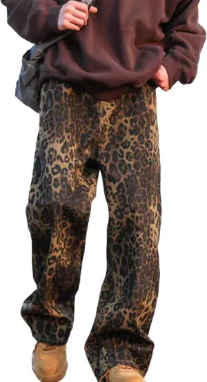 Mens Leopard Print Jeans Womens High Waist Denim Pants Y2K Baggy Casual Streetwear Trousers Unisex