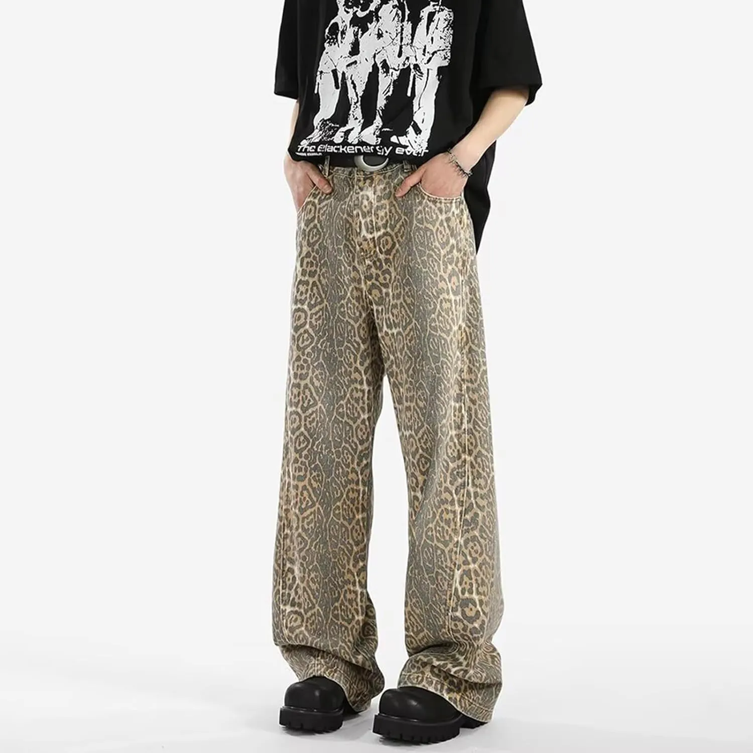 Mens Leopard Print Jeans Womens High Waist Denim Pants Y2K Baggy Casual Streetwear Trousers Unisex