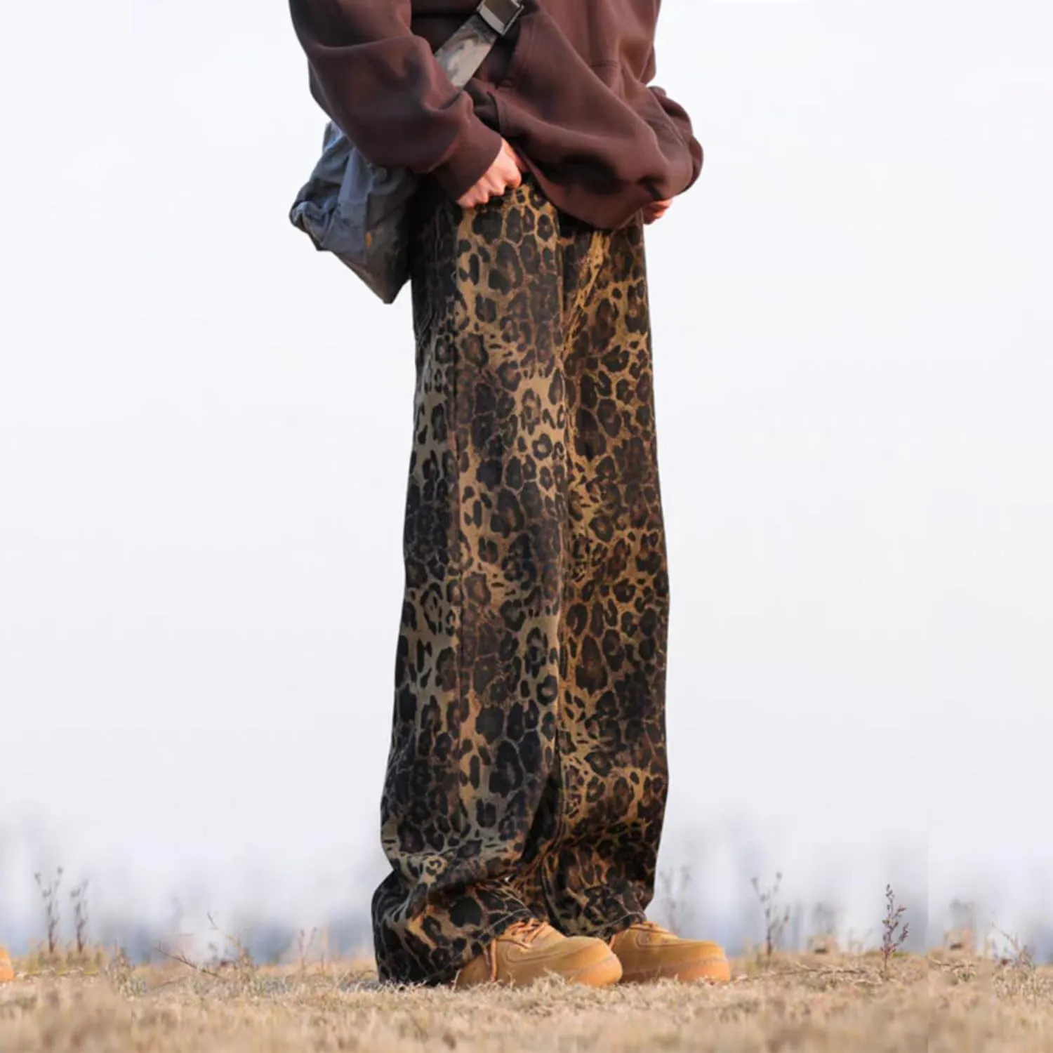 Mens Leopard Print Jeans Womens High Waist Denim Pants Y2K Baggy Casual Streetwear Trousers Unisex