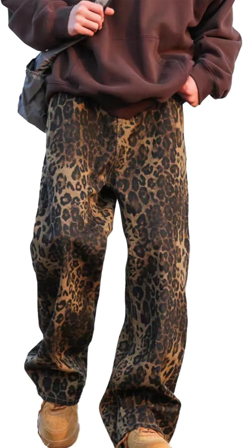 Mens Leopard Print Jeans Womens High Waist Denim Pants Y2K Baggy Casual Streetwear Trousers Unisex