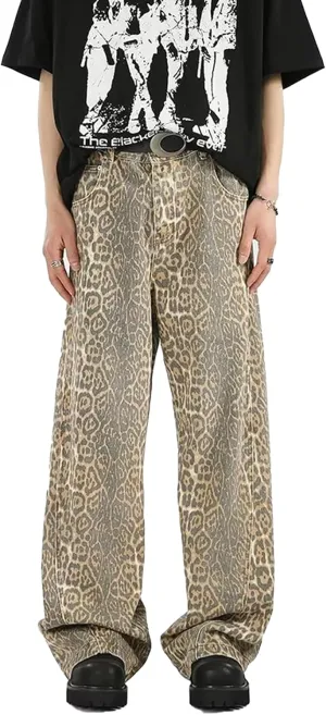 Mens Leopard Print Jeans Womens High Waist Denim Pants Y2K Baggy Casual Streetwear Trousers Unisex