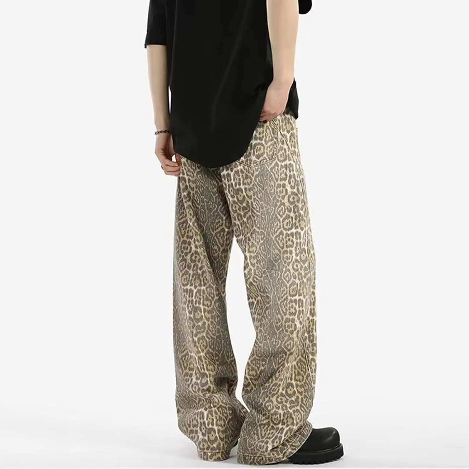 Mens Leopard Print Jeans Womens High Waist Denim Pants Y2K Baggy Casual Streetwear Trousers Unisex