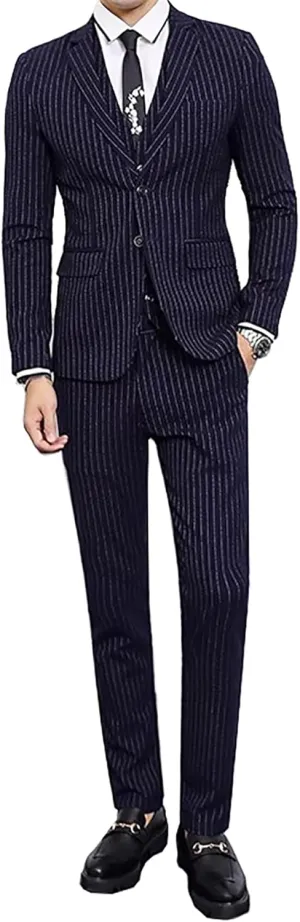 Mens Pinstripe Suit 3 Piece Slim Fit Casual Dress Suits Blazer Vest Pants