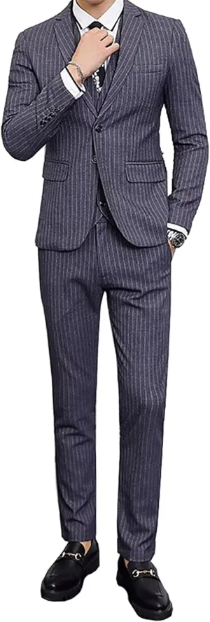 Mens Pinstripe Suit 3 Piece Slim Fit Casual Dress Suits Blazer Vest Pants