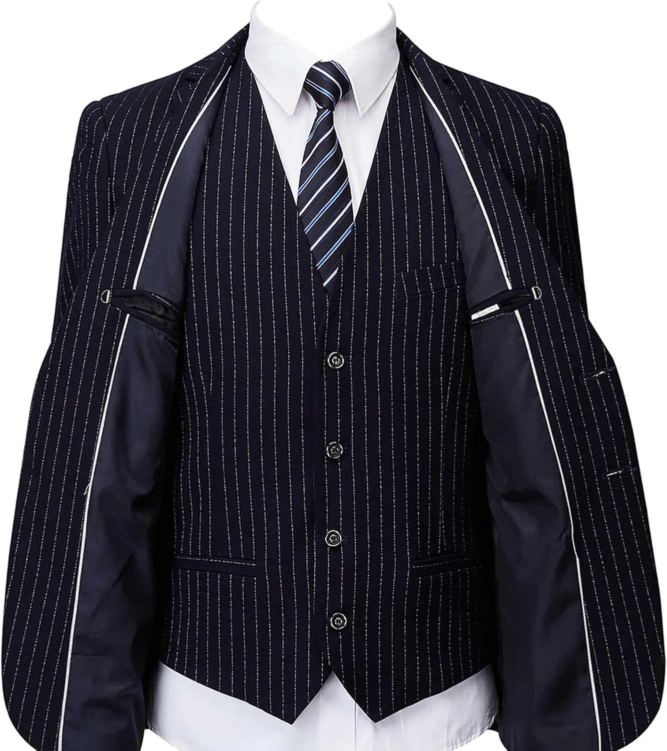 Mens Pinstripe Suit 3 Piece Slim Fit Casual Dress Suits Blazer Vest Pants