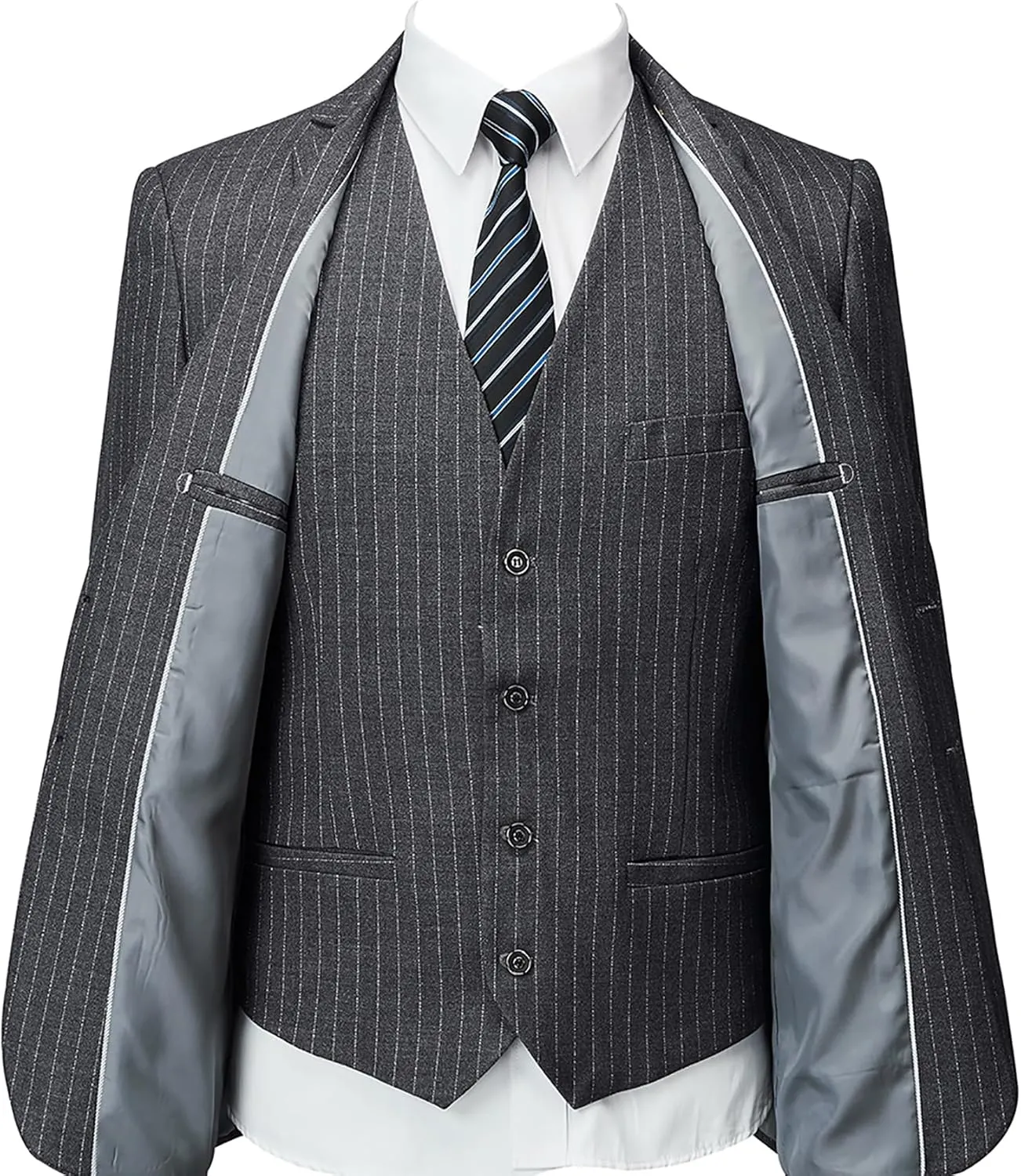 Mens Pinstripe Suit 3 Piece Slim Fit Casual Dress Suits Blazer Vest Pants
