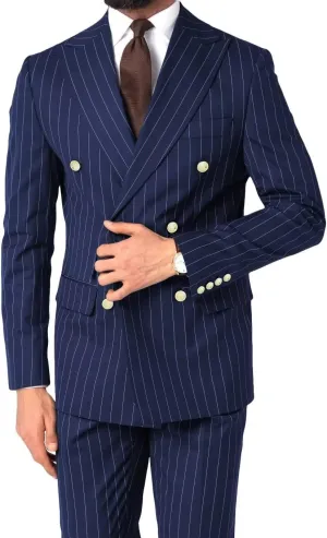 Mens Pinstripe Suit Slim Fit 2 Piece Double Breasted Wedding Halloween Christmas Prom Gold Button Blazer and Pants