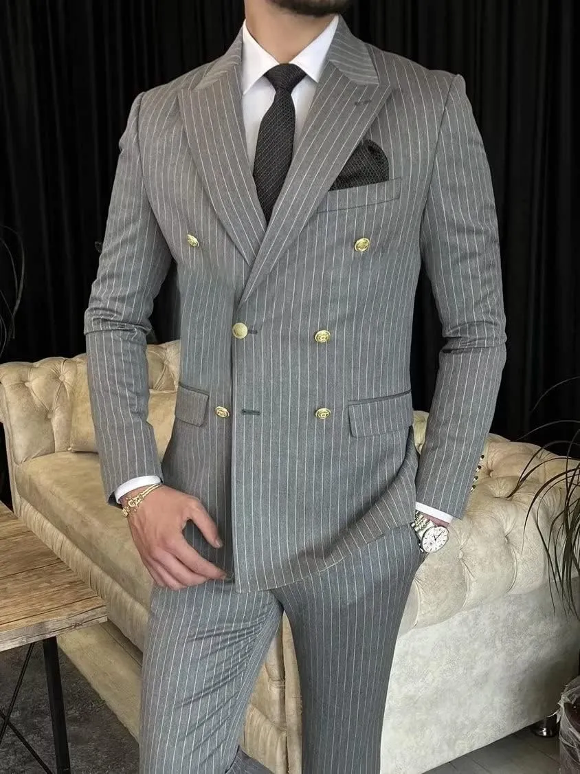 Mens Pinstripe Suit Slim Fit 2 Piece Double Breasted Wedding Halloween Christmas Prom Gold Button Blazer and Pants
