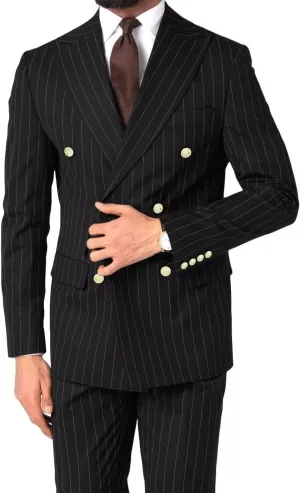 Mens Pinstripe Suit Slim Fit 2 Piece Double Breasted Wedding Halloween Christmas Prom Gold Button Blazer and Pants