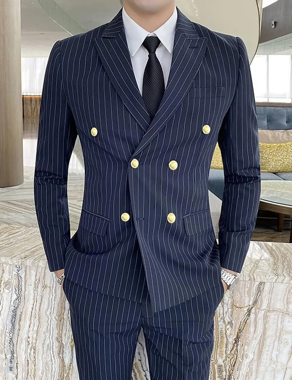 Mens Pinstripe Suit Slim Fit 2 Piece Double Breasted Wedding Halloween Christmas Prom Gold Button Blazer and Pants