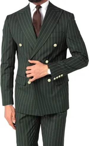 Mens Pinstripe Suit Slim Fit 2 Piece Double Breasted Wedding Halloween Christmas Prom Gold Button Blazer and Pants