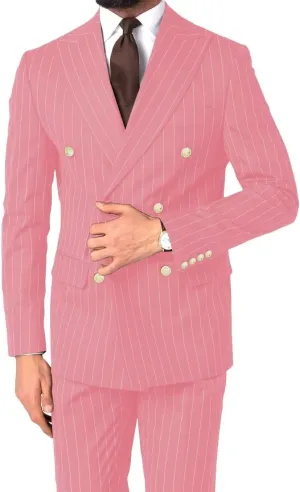 Mens Pinstripe Suit Slim Fit 2 Piece Double Breasted Wedding Halloween Christmas Prom Gold Button Blazer and Pants