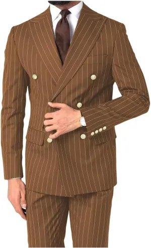 Mens Pinstripe Suit Slim Fit 2 Piece Double Breasted Wedding Halloween Christmas Prom Gold Button Blazer and Pants