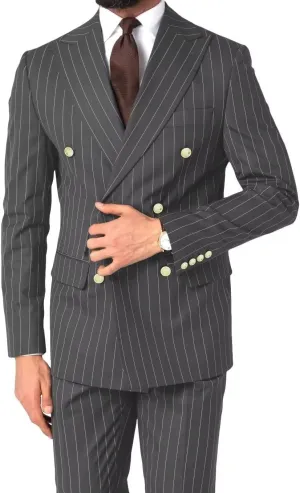 Mens Pinstripe Suit Slim Fit 2 Piece Double Breasted Wedding Halloween Christmas Prom Gold Button Blazer and Pants