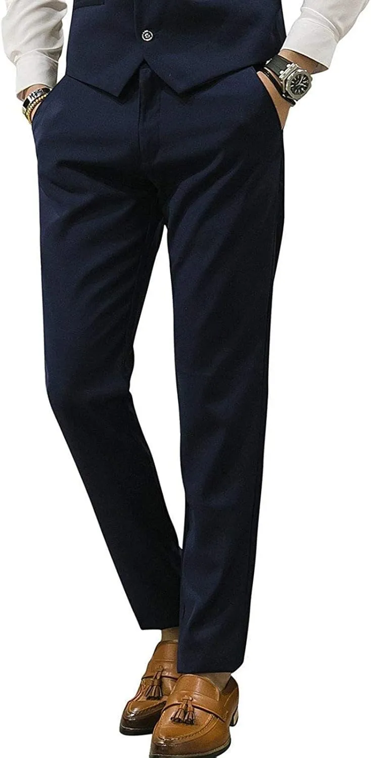 Mens Slim Fit Suit Pants Front Flat Stretch Dress Pants Ankle Length Colored Trousers