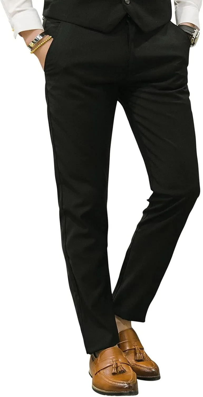 Mens Slim Fit Suit Pants Front Flat Stretch Dress Pants Ankle Length Colored Trousers
