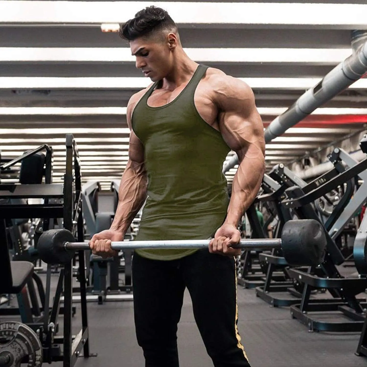 Mens Workout Stringer Tank Tops Fitness Performance Muscle Sleeveless Shirts Gym Training Bodybuilding Vest