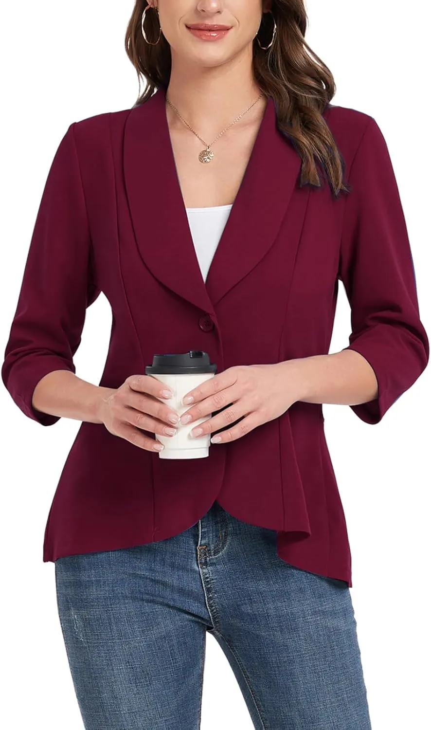 MINTLIMIT Womens Casual Blazer Open Front 3/4 Sleeve Shawl Collar Ruffle Hem Work Office Suit Jacket