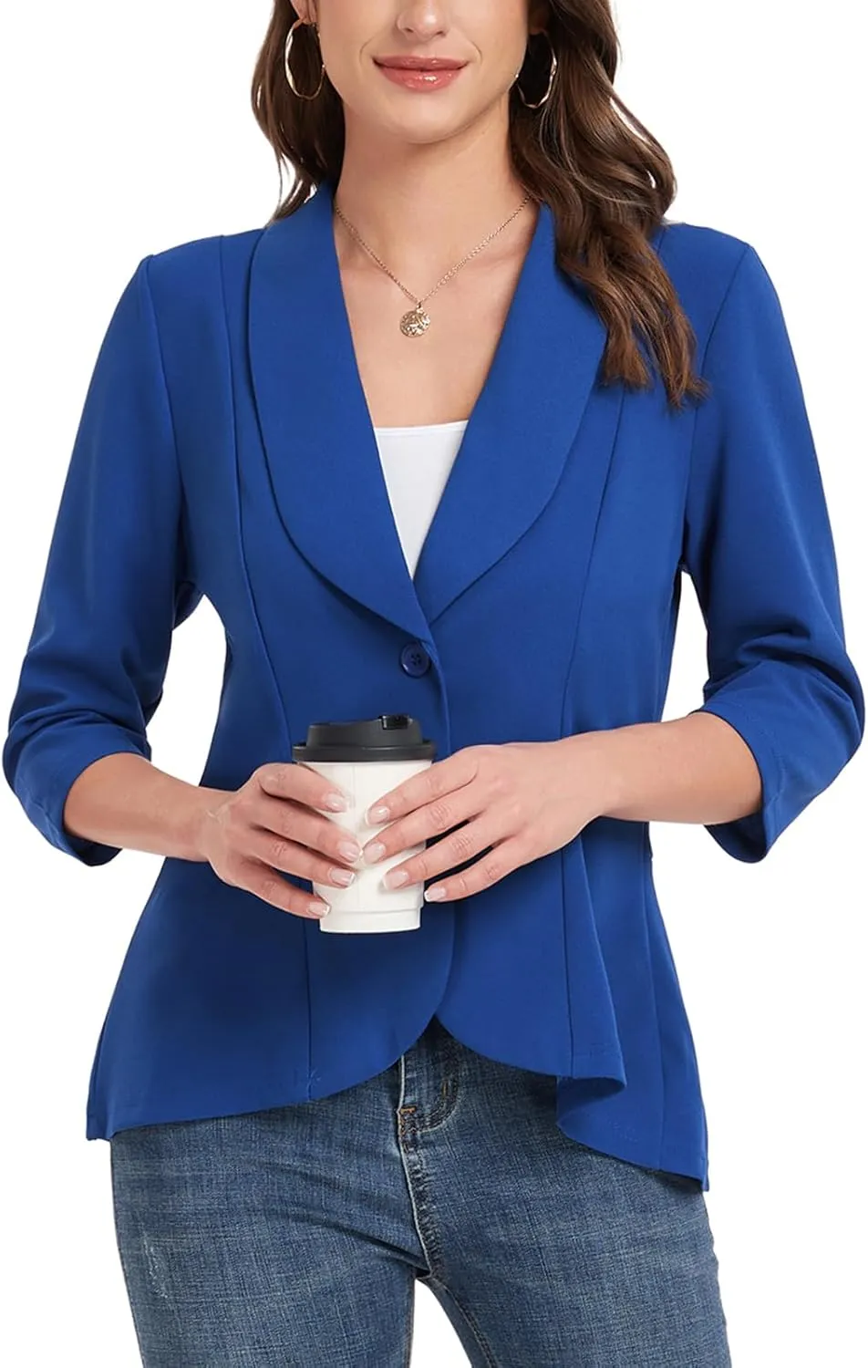 MINTLIMIT Womens Casual Blazer Open Front 3/4 Sleeve Shawl Collar Ruffle Hem Work Office Suit Jacket