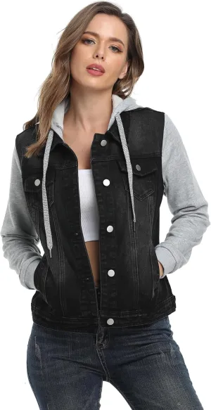MISS MOLY Women's Hooded Jean Jacket Drawstring Layered Washed Long Sleeve Sweatshirt Hoodie Denim Jacket w 2 Pockets