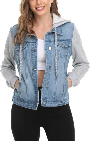 MISS MOLY Women's Hooded Jean Jacket Drawstring Layered Washed Long Sleeve Sweatshirt Hoodie Denim Jacket w 2 Pockets