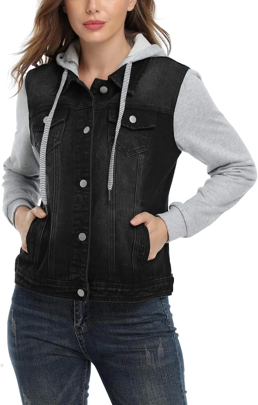 MISS MOLY Women's Hooded Jean Jacket Drawstring Layered Washed Long Sleeve Sweatshirt Hoodie Denim Jacket w 2 Pockets