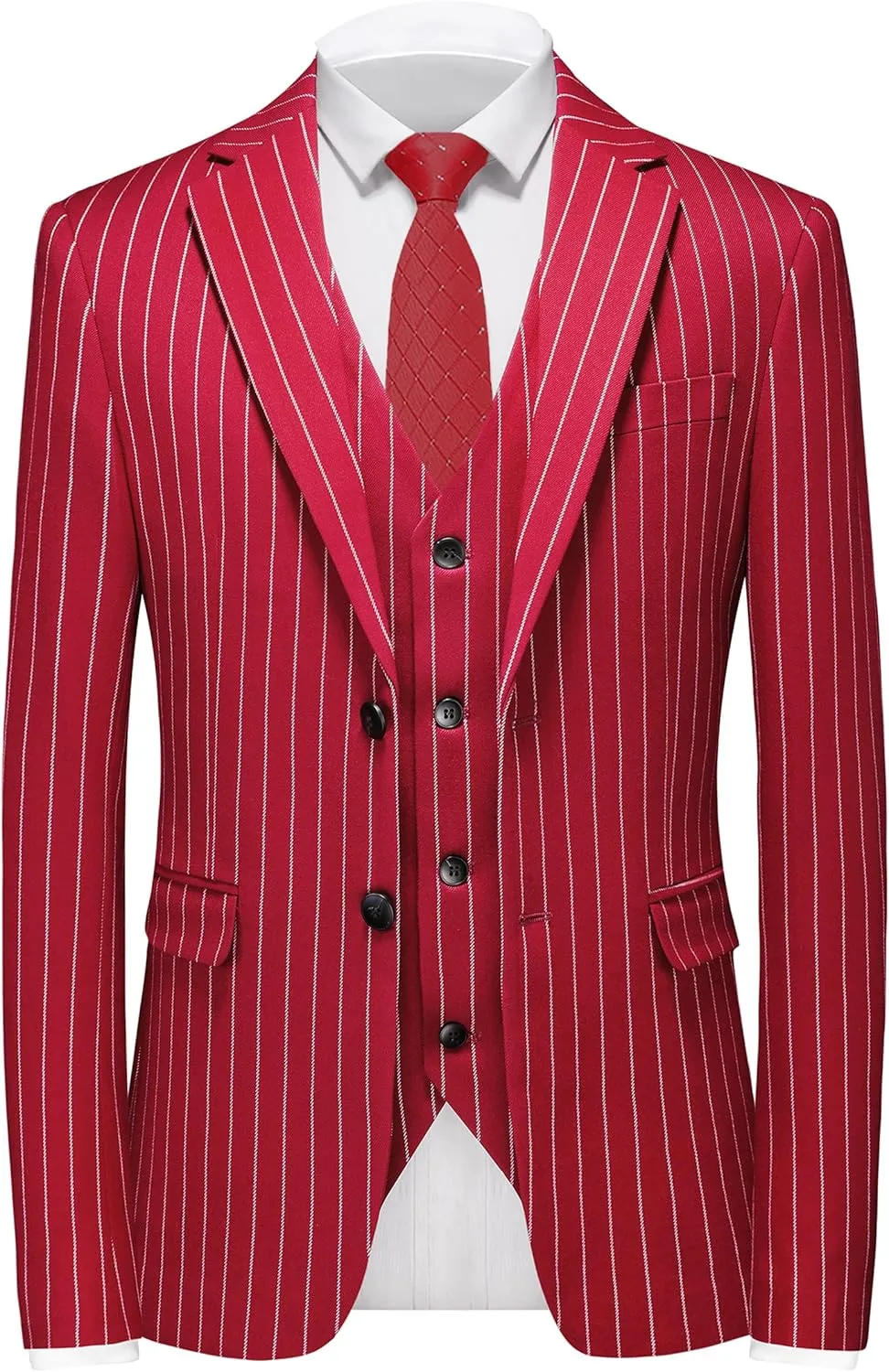 MOGU Mens 3 Piece Pinstripe Suit Slim Fit Double Vents Tuxedo Jacket Vest & Pants Casual Dress Set