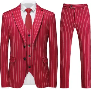 MOGU Mens 3 Piece Pinstripe Suit Slim Fit Double Vents Tuxedo Jacket Vest & Pants Casual Dress Set