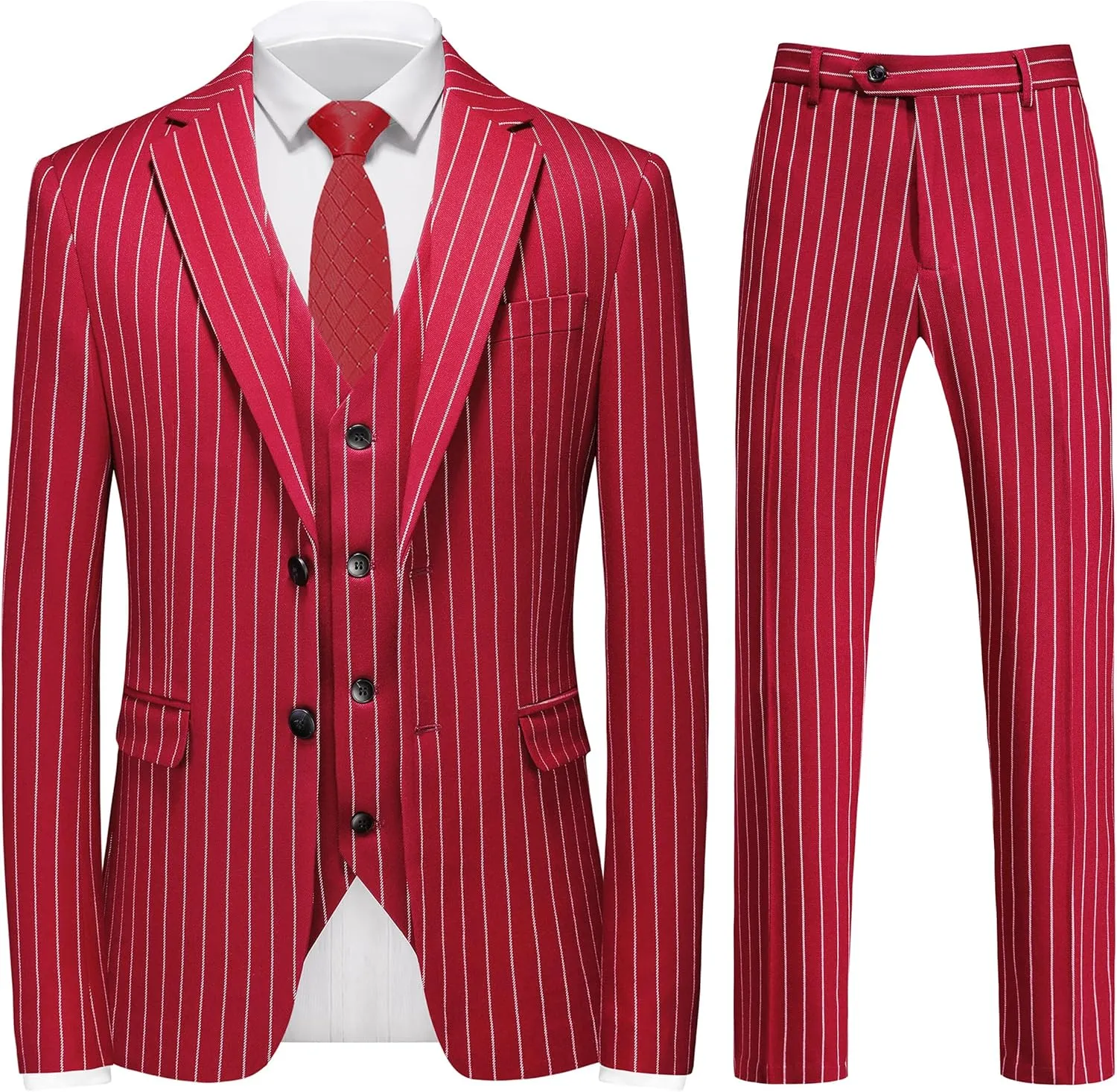 MOGU Mens 3 Piece Pinstripe Suit Slim Fit Double Vents Tuxedo Jacket Vest & Pants Casual Dress Set