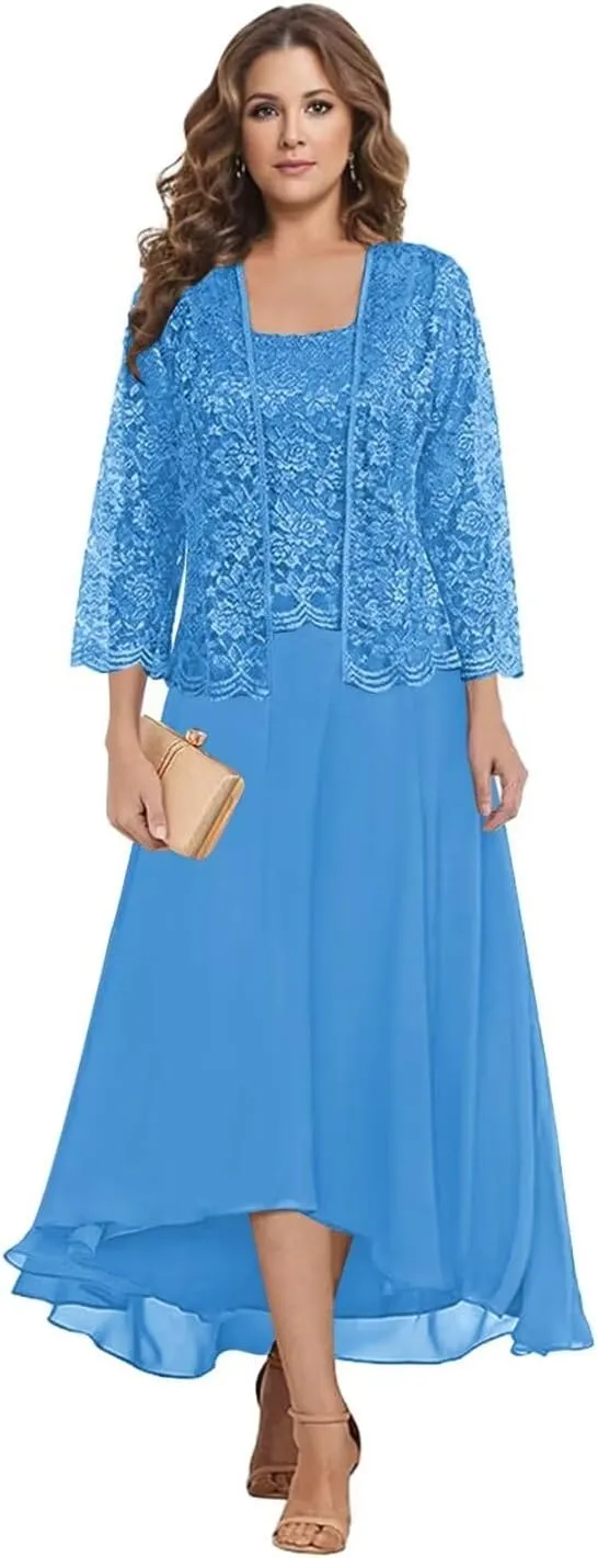 Mother of The Bride Dresses with Jacket 2 Pieces Chiffon Lace Appliques Formal Wedding Evening Gowns
