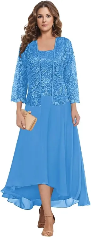 Mother of The Bride Dresses with Jacket 2 Pieces Chiffon Lace Appliques Formal Wedding Evening Gowns